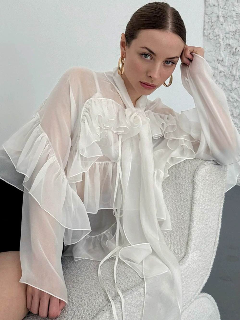 Forever 21 Palace White Ruffle Blouse Summer Tencel Shirt